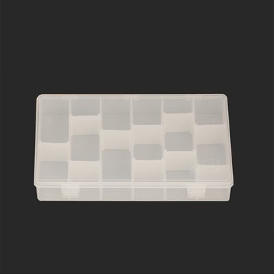 Plastic utility box, 11x2x7 inches, with 6 fixed compartments and 10 adjustable dividers