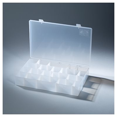 Plastic utility box, 14x2x9 inches, with 4 compartments and 16 adjustable dividers