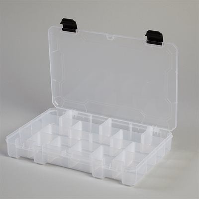 Plastic utility box, 11x2x7 inches, with 4 compartments and 12 adjustable dividers, includes security seal hole