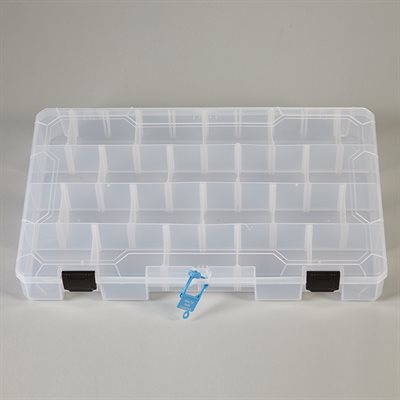 Plastic utility box, 14x2x8.5 inches, with 4 compartments and 18 adjustable dividers, includes security seal slot