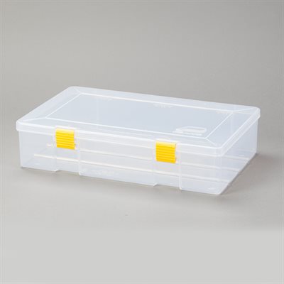 Plastic utility box, 14x3x9 inches, deep storage with one stationary compartment