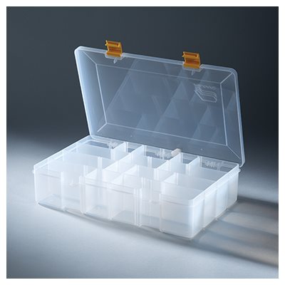 Plastic utility box 14x3x9 inches with 11 adjustable dividers and four compartments