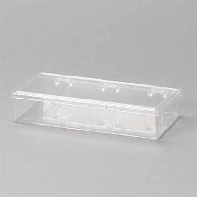 Plastic utility box with one stationary compartment, clear polystyrene construction, 7x1x4 inches