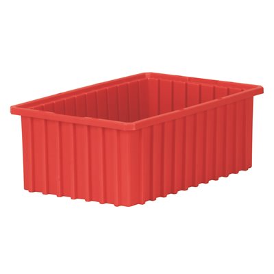 Red 16.5x6x11 divider box with durable plastic design and recessed stacking ledges