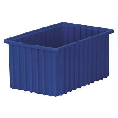 Blue 16.5x8x11 divider box with high sides and recessed stacking ledges