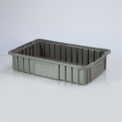 Gray 16.5x3.5x11 divider storage box with durable plastic body and stackable design