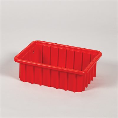 Plastic divider box 11x3.5x8 inches with recessed stacking ledges and optional dividers – red color shown