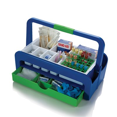 Phlebotomy tray with two compartmentalized inserts and a 16mm test tube rack