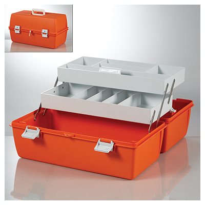 Emergency box with double-latch lid and two cantilever trays, 19x10x11 inches