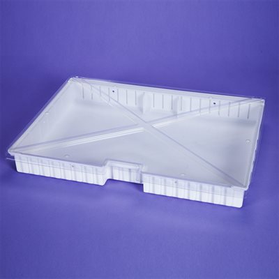 Crash cart box with clear lift-off lid. Durable, impact-resistant plastic. Easy-grip handles and sealable design. 21¾?W x 2?H x 15¼?D.