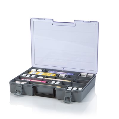 Clear-lid Briefcase Drug Box with removable dividers for secure medical storage, 15x2.5x12 inches