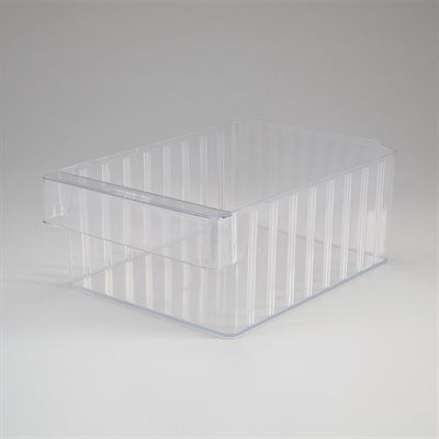 Wide supply drawer in clear finish measuring 8 inches, stackable and made of industrial-grade plastic