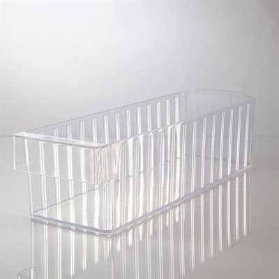 Clear supply drawer with stackable design and 18 inch depth for organized storage
