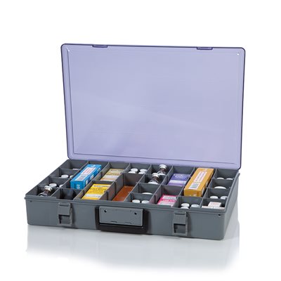 Large clear-lid Briefcase Drug Box with adjustable compartments and tamper-evident eyelets, 18.5x3x13 inches