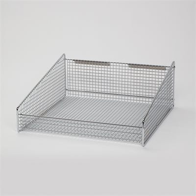 Hanging wire basket 18x7.5x18 inches with open steel frame and clear label holder for medical and industrial storage
