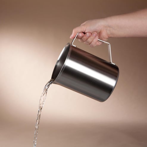 Stainless steel beaker 4,000mL showing integrated handles for liquid handling