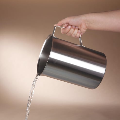 Stainless steel beaker 2,000mL showing integrated handles for liquid handling