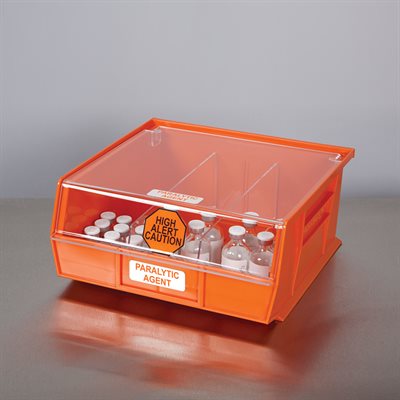Orange high alert paralytic agent bin with two clear dividers, 11x5x10.875 inches