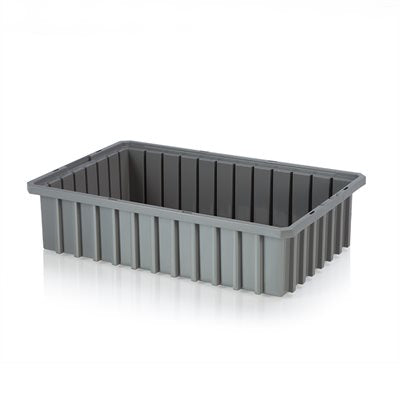 Blue 16.5x4x11 divider storage box with recessed stacking ledges and durable plastic build