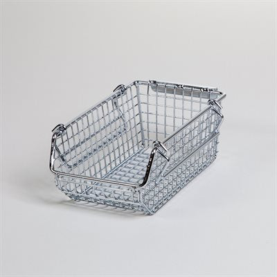 Wire mesh stack and hang bin 5x3x7 with open-hopper design and chrome finish