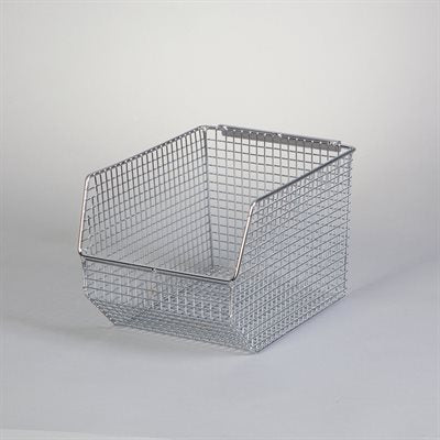 Large wire mesh bin 8x7x10.5 with chrome finish for high-capacity cleanroom storage