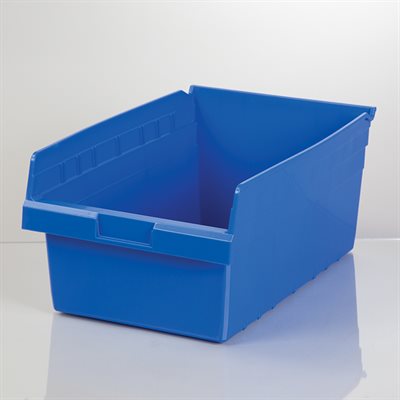 Store-Max 8 inch high plastic storage bin 11x8x18 in blue, stackable with label slot