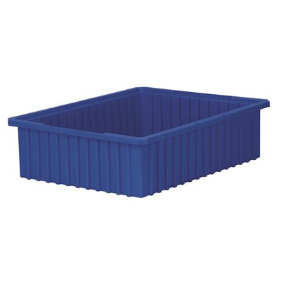 Blue plastic divider box 22x6x17 inches with recessed stackable ledges and smooth interior
