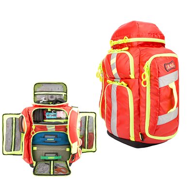 G3 perfusion medical backpack with two main compartments and three external pockets, 17x22x8 inches