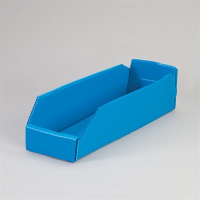 Corrugated plastic shelf caddy 4x4x16 inches in blue, non-shedding disposable bin for medical or pharmacy storage