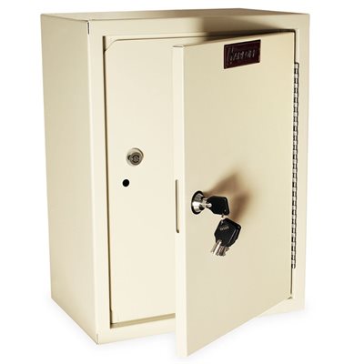 Dual-door narcotics cabinet with outer and inner locking doors and adjustable interior shelf
