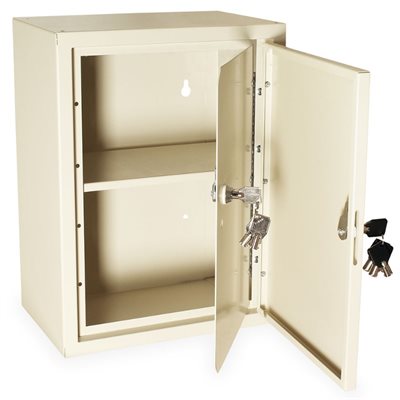 Dual-door narcotics cabinet with outer and inner locking doors and adjustable interior shelf