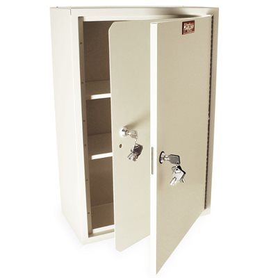 Front view of dual-lock narcotics cabinet with tubular locks and steel construction