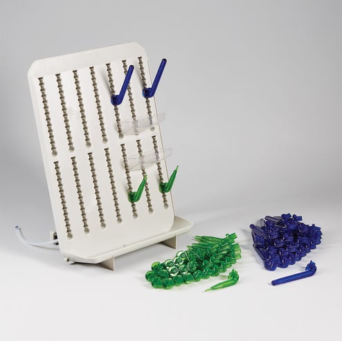 Adjustable lab drying rack with configurable pegs and drainage tubing