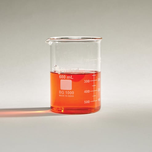 Glass beaker 600mL showing graduated scale and easy-pour spout