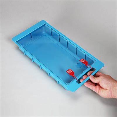 Clear slide-in plastic lid for one-third size crash cart box with tamper-evident security seal holes