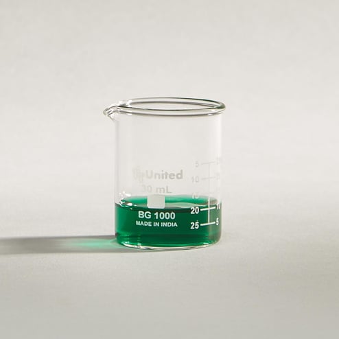 Glass beaker 30mL showing graduated scale and easy-pour spout