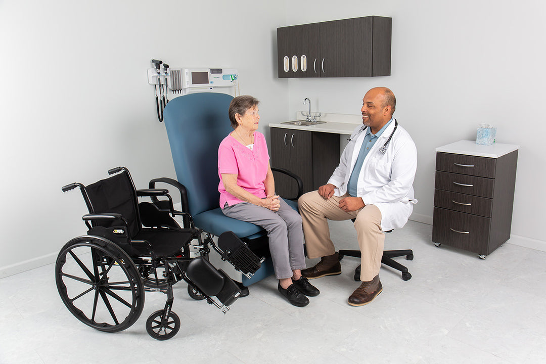 4040 Power Exam Table with seamless upholstery and stainless steel drain pan – ADA-ready design
