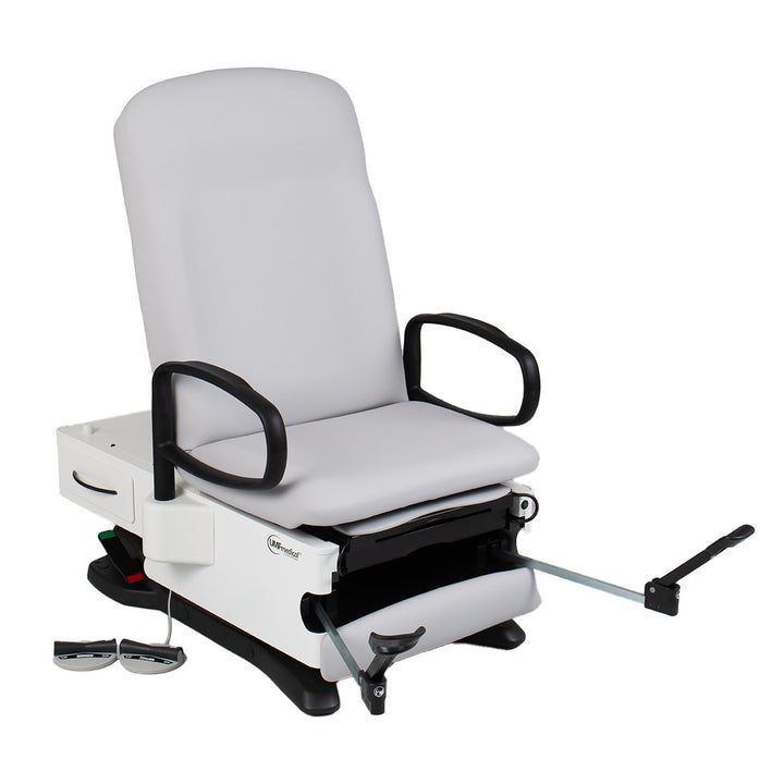 Clinical-grade 4040 exam table with integrated receptacle and mobility features – side profile