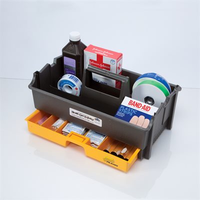 Durable medical carry caddy with one slide-out drawer and six compartments, 15x7x9.25 inches