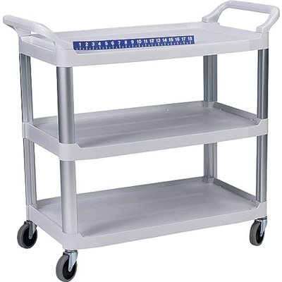 Durable 3-shelf Rubbermaid® cart with roll-stop edges, 300 lb capacity, and swivel casters. Shelf clearance 11?. 40.6?W x 37.8?H x 20?D.