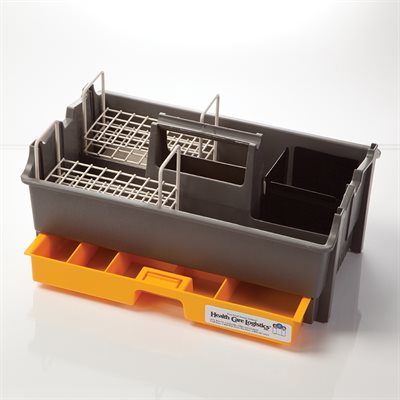 Specimen caddy with 6-compartment drawer, sharps bracket, and two tube racks