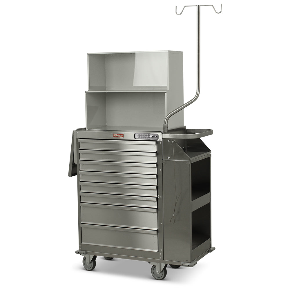 6025E-TC Cast Cart with electronic pushbutton lock, stainless steel drawers, painted aluminum top compartment, and orthopedic accessories.