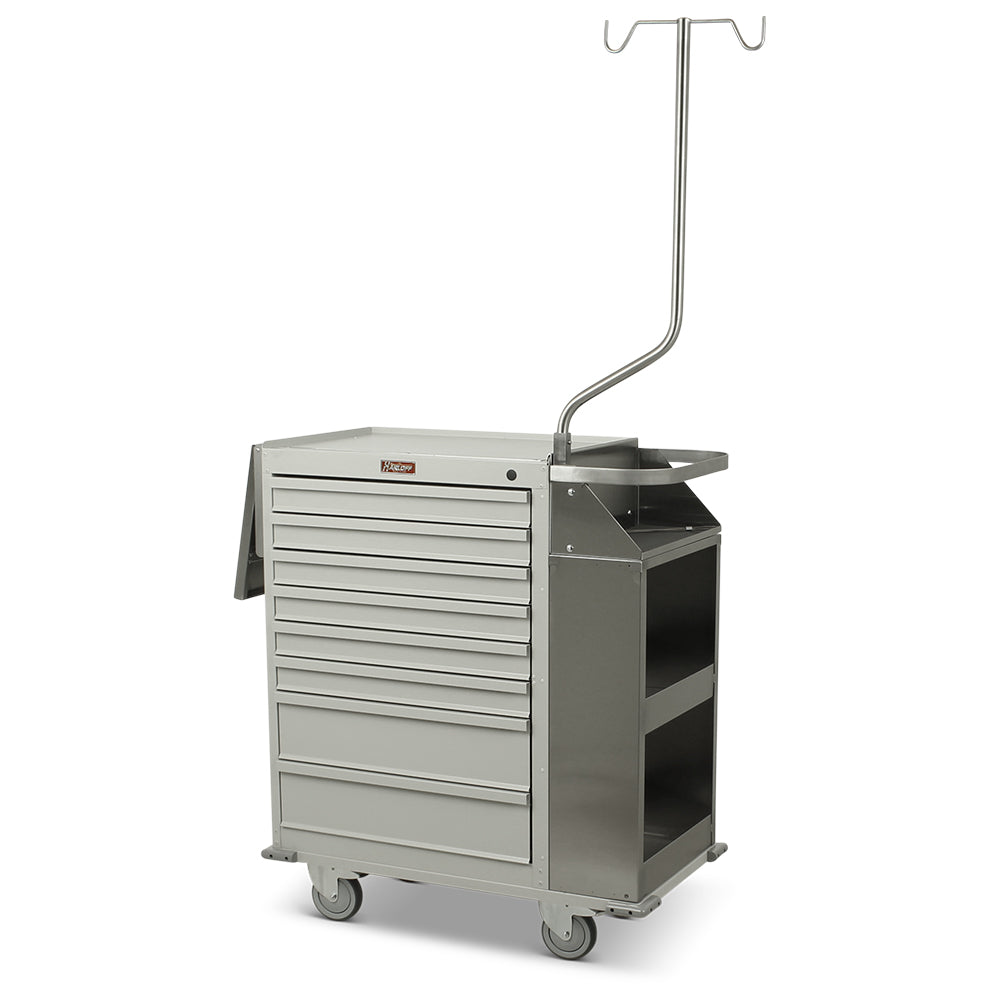 6035 Deluxe Cast Cart with eight drawers, painted steel cabinet, aluminum drawers, stainless steel folding shelf, and orthopedic accessories.