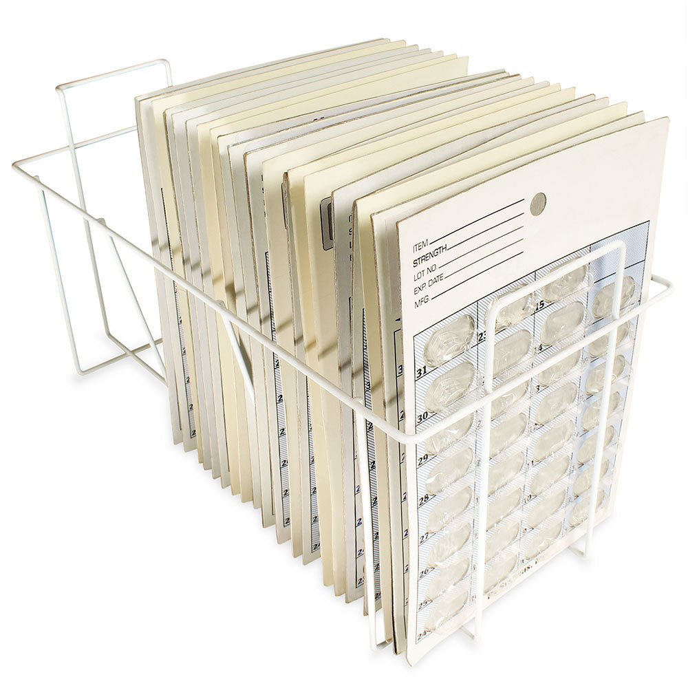 Wire exchange basket for punch card medication cart with punch cards