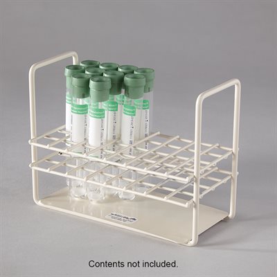 Metal test tube and syringe rack with beige enamel finish and 32 square compartments