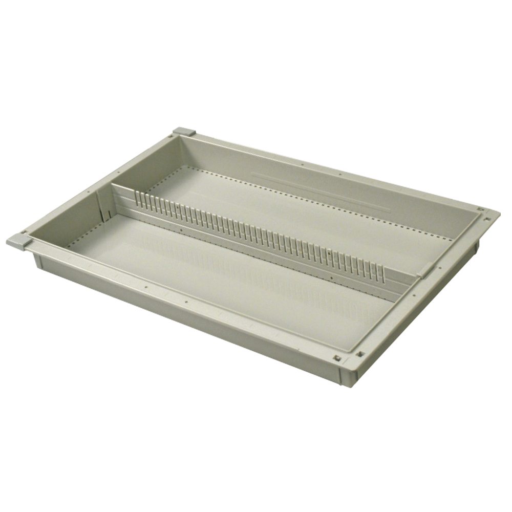 2-inch beige medical storage tray with long divider and gray pull-out stoppers for MedStor Max cabinets