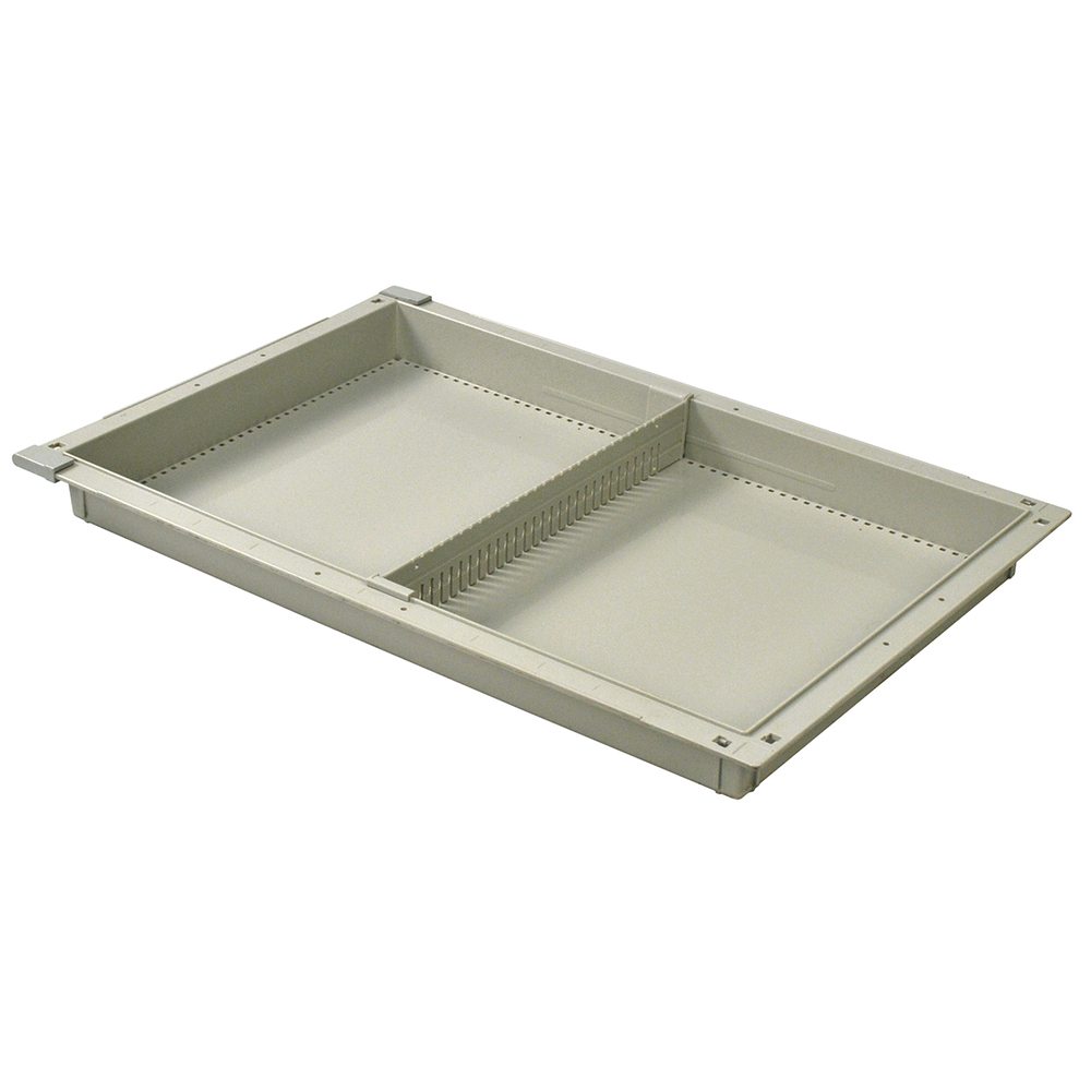 2-inch beige medical tray with short full-width divider and gray pull-out stoppers for MedStor Max cabinets