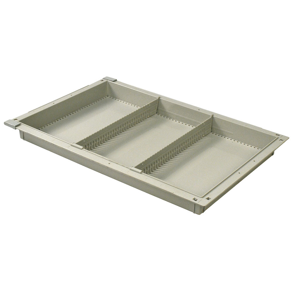 2-inch beige medical tray with two short full-width dividers and gray pull-out stoppers for MedStor Max cabinet organization