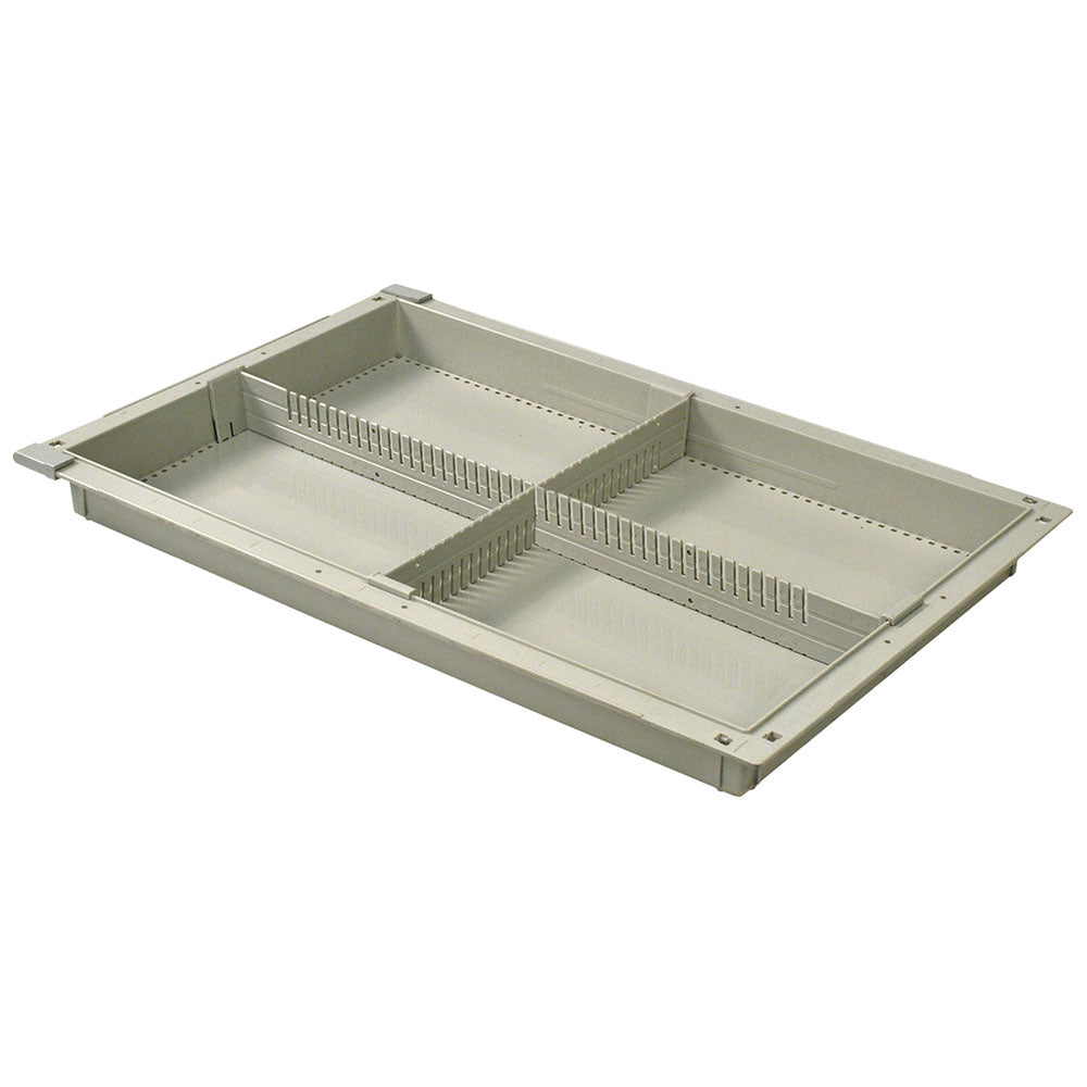2-inch beige medical tray with one long and one short divider forming four compartments for MedStor Max cabinet storage