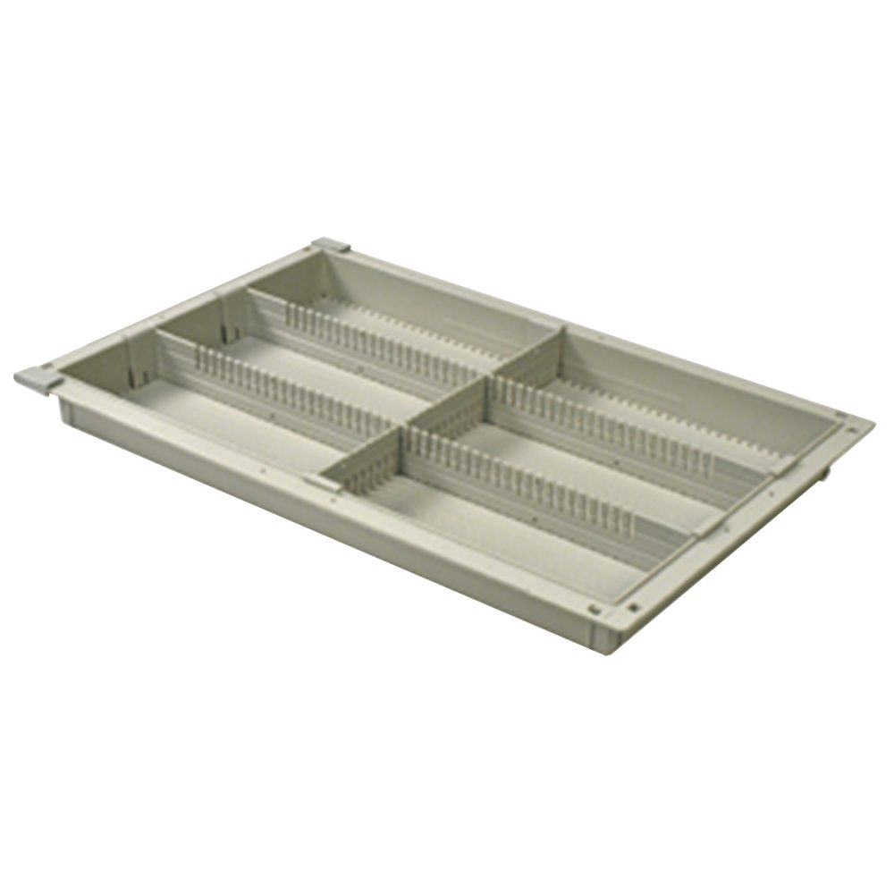 2-inch beige tray with two long and one short divider creating six compartments for MedStor Max cabinet storage